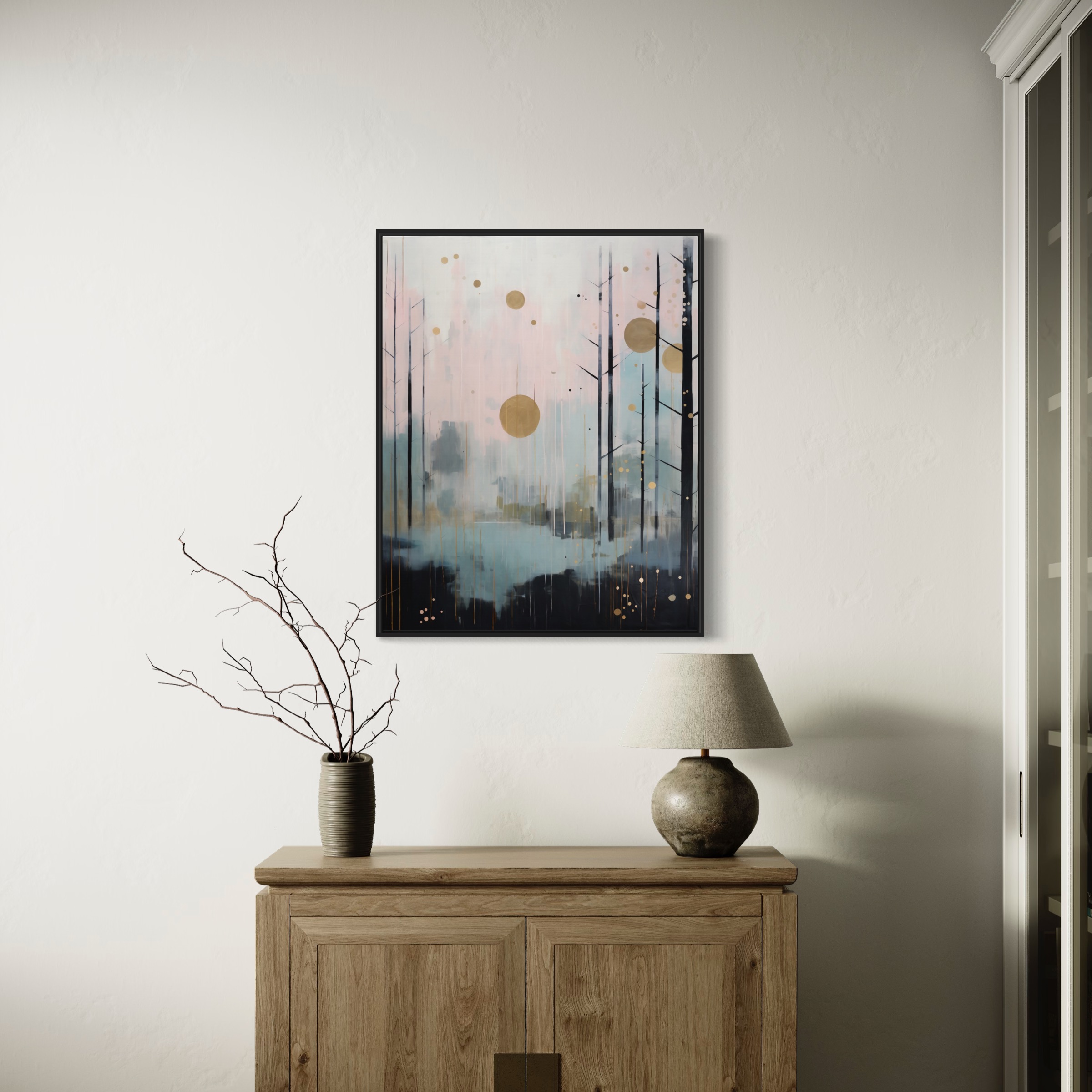 Abstract art above wooden cabinet